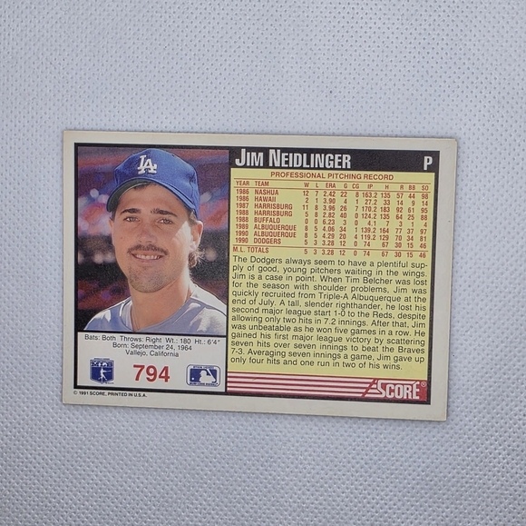 1991 Score Jim Neidlinger Los Angeles Dodgers #794 Rookie Baseball Card - Picture 3 of 4